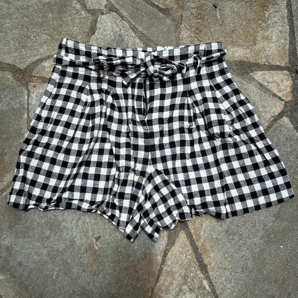 Zara Shorts Small Black White Plaid Linen Wide Leg High Rise Gingham Tie Waist
